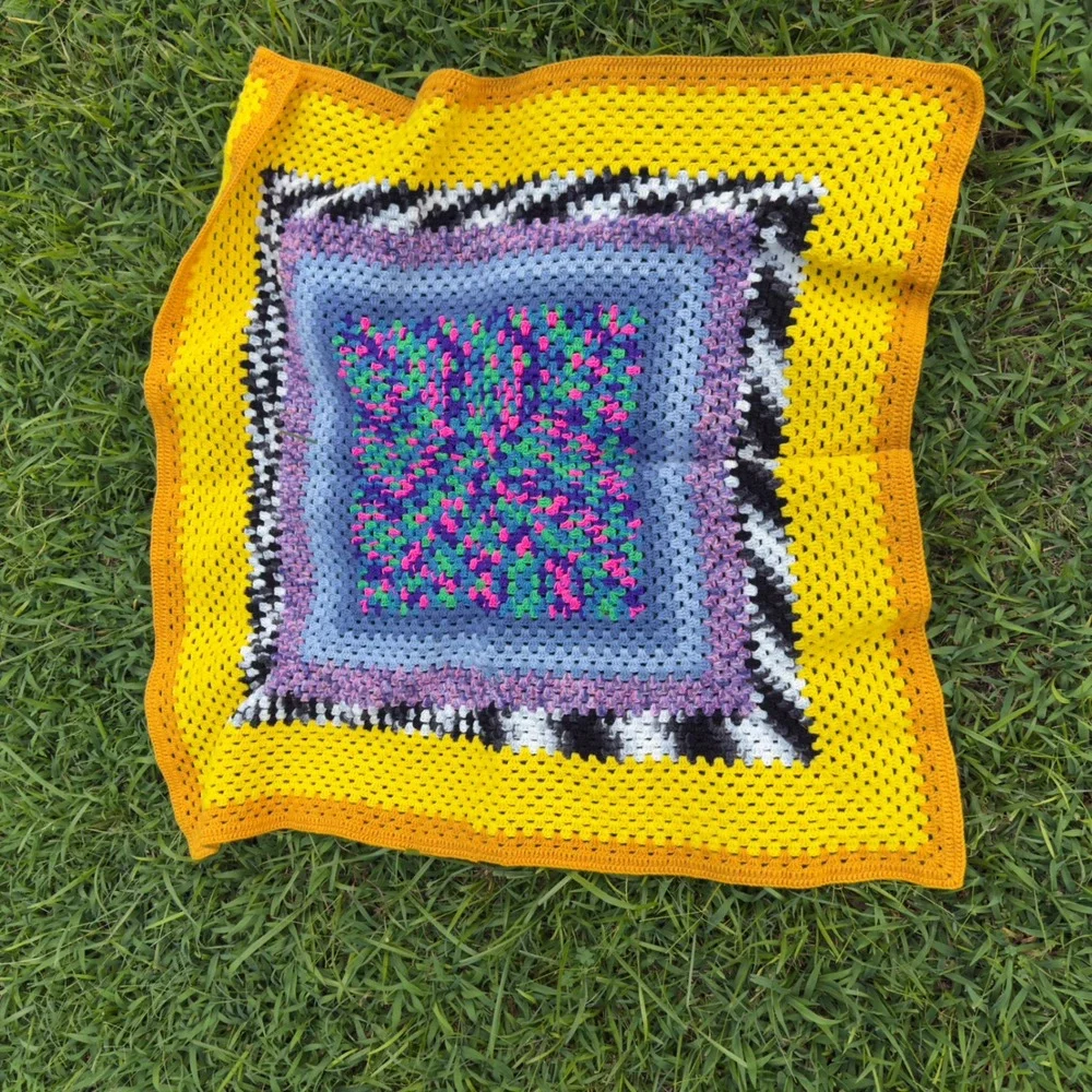 Handmade Crochet Granny Square Baby Blanket Yellow Blue Purple Boho 38x38